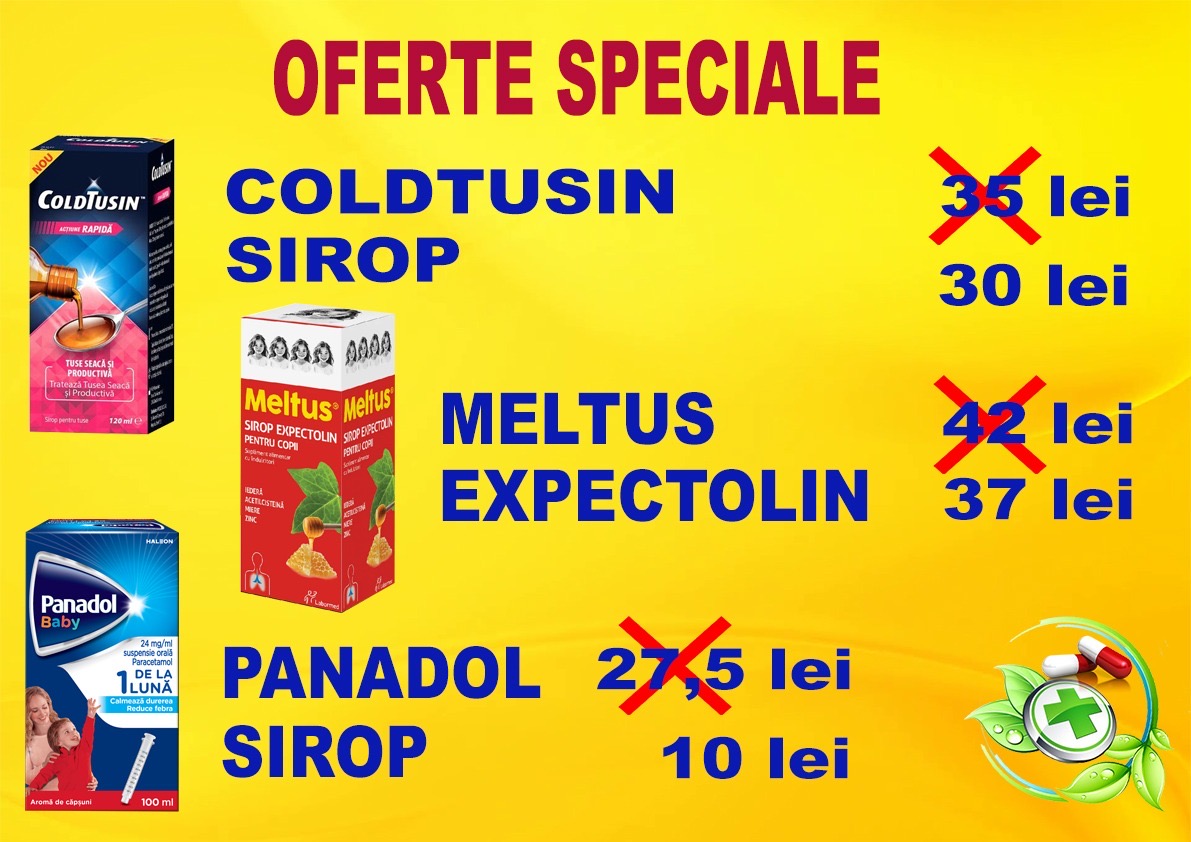 Oferte speciale la BUJOR FARM Caracal — reduceri la Coldtusin, Meltus Expectolin și Panadol sirop